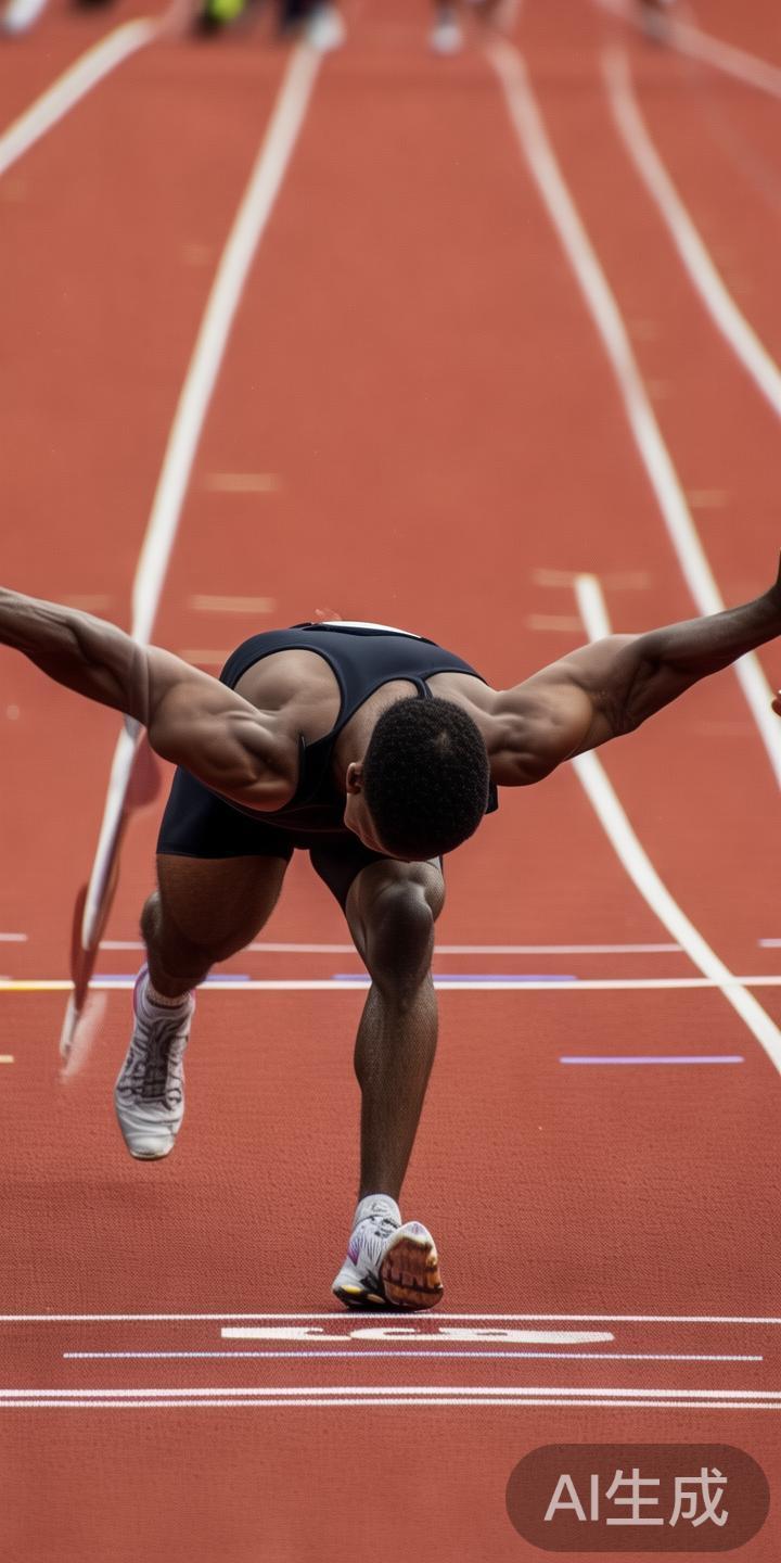 在一场田径短跑比赛中，运动员在终点线前奋力冲刺，身